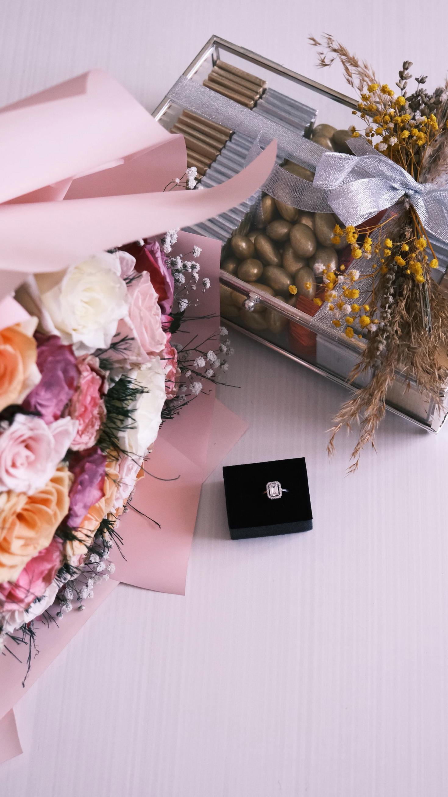 Celebratory bouquet and chocolates
